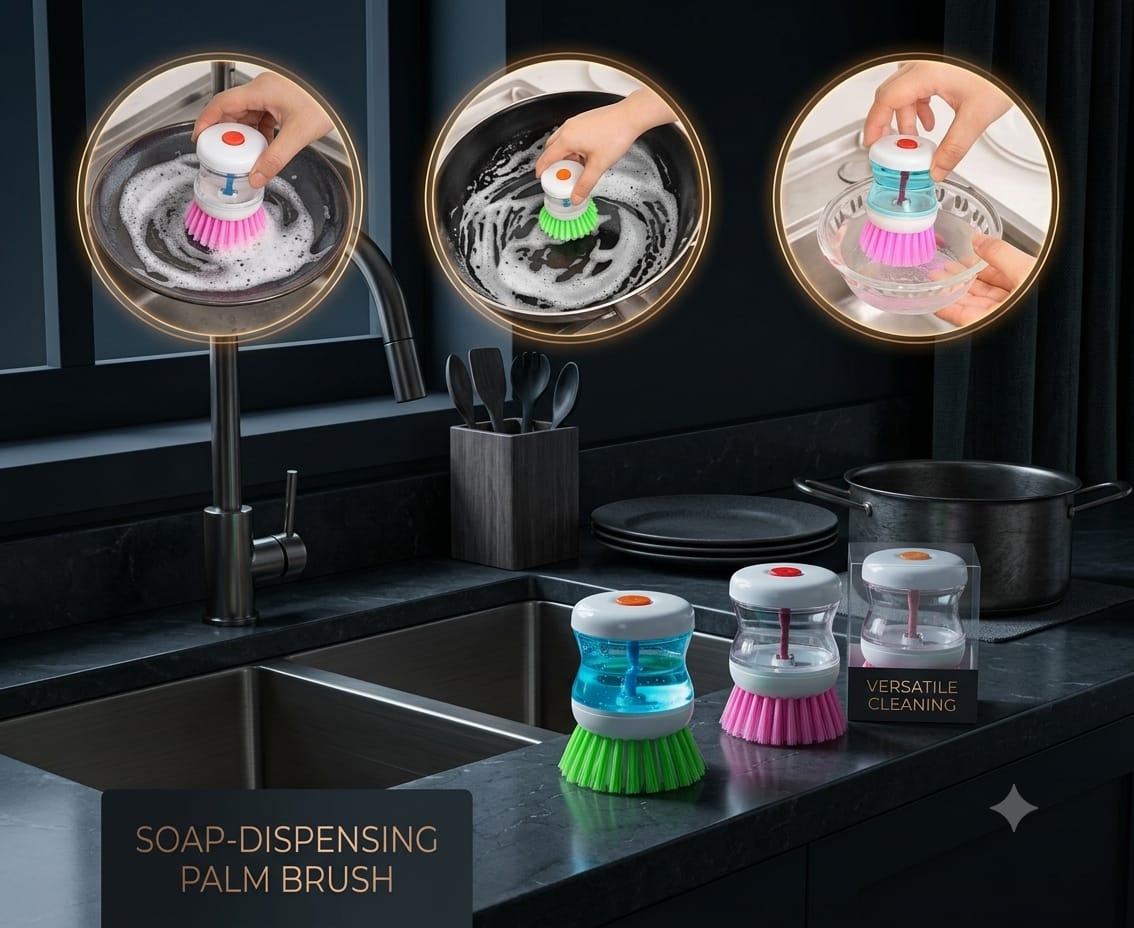 2-in-1 Self Dispensing Soap Dish Cleaning Brush | Liquid Soap Kitchen Scrubber Brush for Dishes, Pots & Sink